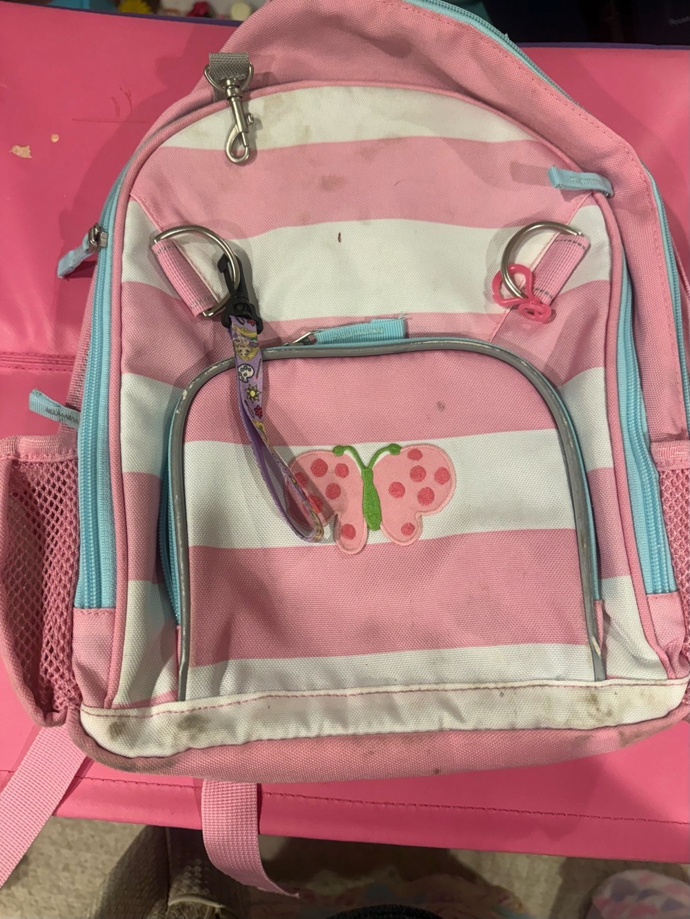 Pink Striped Kids Backpack with Butterfly Accent